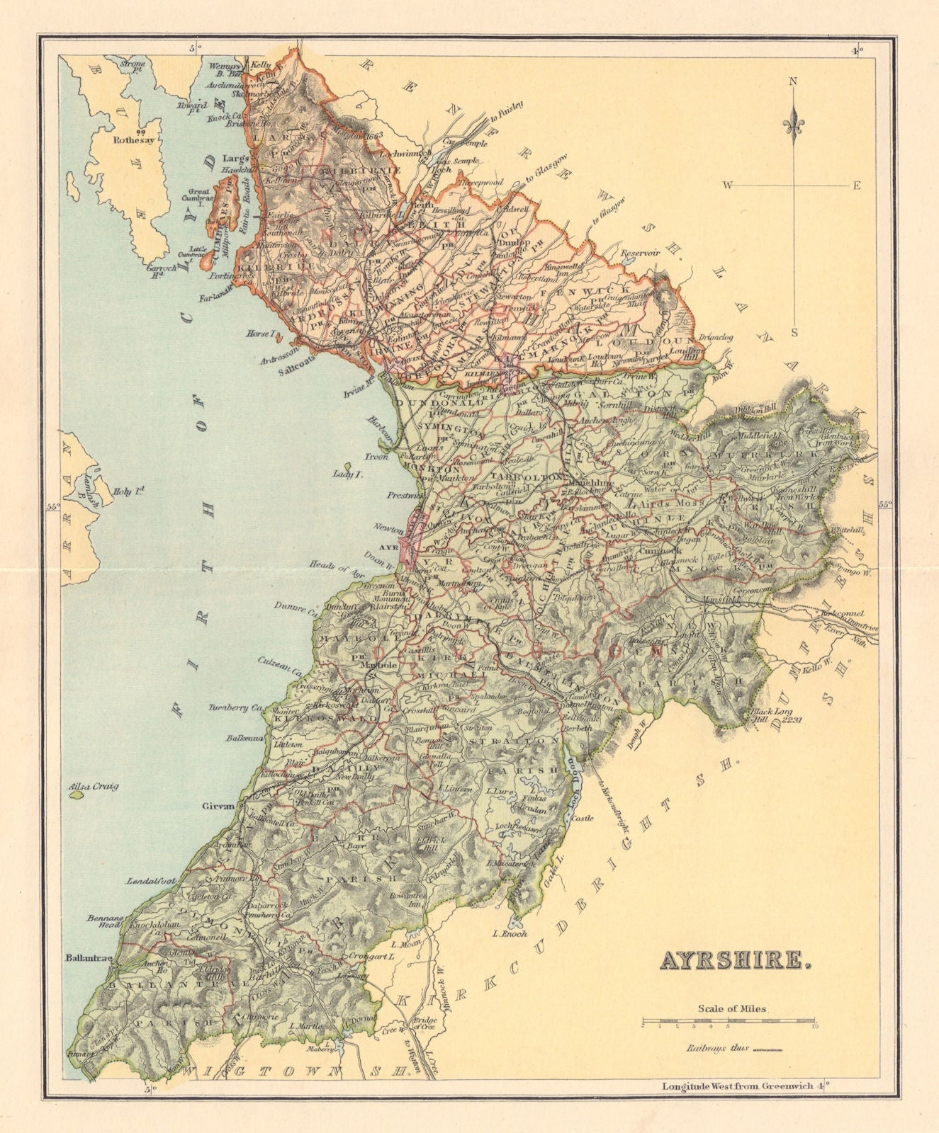AYRSHIRE antique county map. Parishes. Ayr Kilmarnock. Scotland. LIZARS 1895